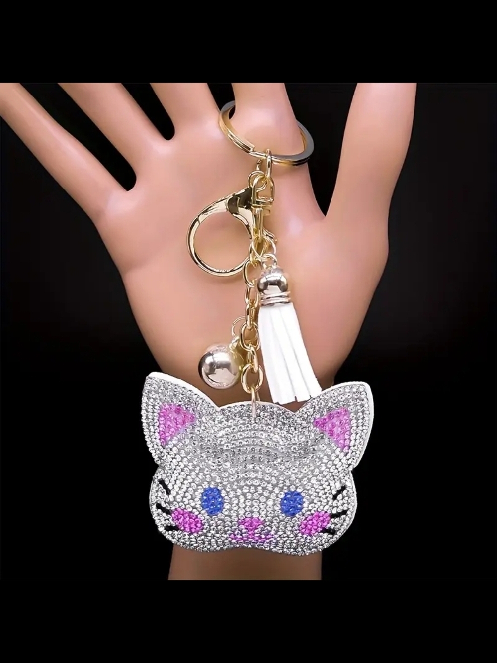 Sparkling Kitty Cat Face Keychain Charm with White Tassel - Silver & Pink